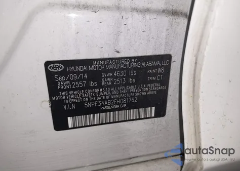 2015 Hyundai Sonata Sport 2.0T z USA, uszkodzony, nr VIN 5NPE34AB2FH081762